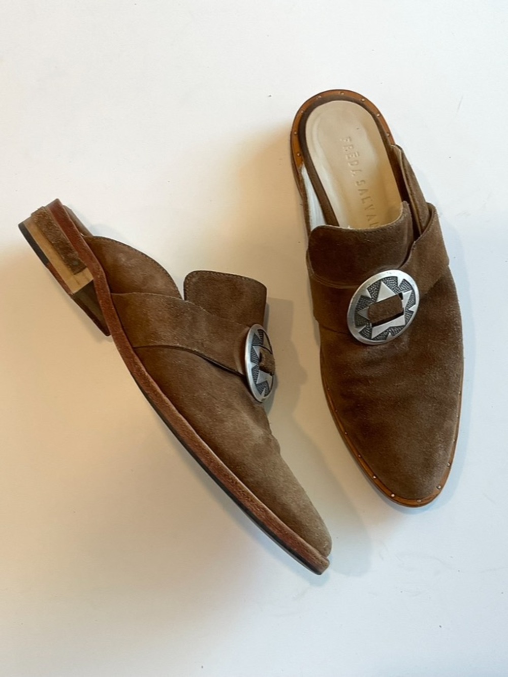 FREDA SALVADOR  Keen Bolo Suede Mules Brown Size 6.5